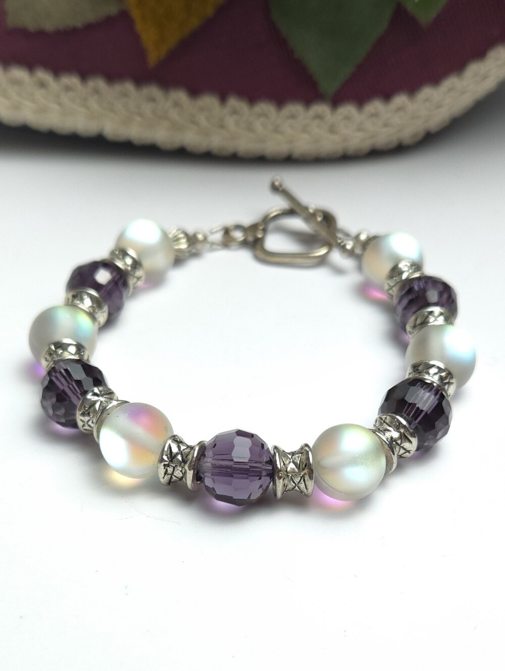 Handmade Mermaid Glass Aura Bead & Purple Crystal Bracelet Heart Toggle Clasp